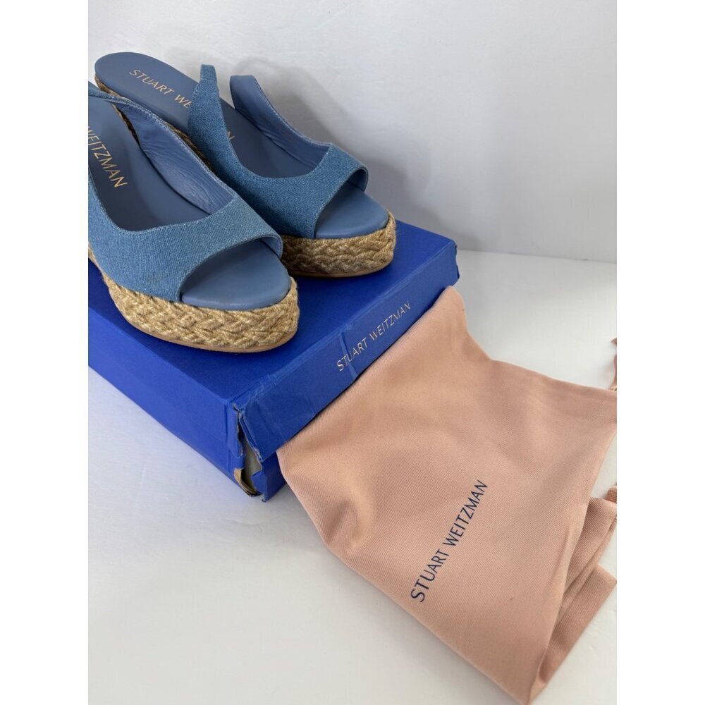 Stuart Weitzman Island Espadrille Wedge Sandal Peep Toe Jute & Denim Size 11 - Picture 3 of 9
